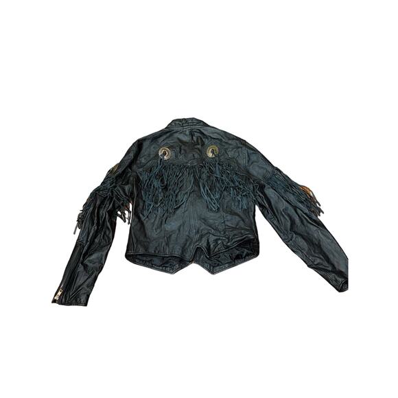 Vintage 70s Pioneer Wear Black Leather Fringe Western Jacket Size 12/ MEDIUM - Picture 8 of 16